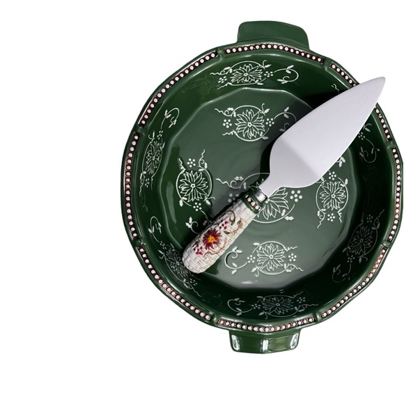 Temptations Old World Basketweave Pie Plate Server Set Poinsettia Christmas - Picture 5 of 11